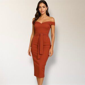New Vesper247 Rust Off Shoulder Belted Midi Dress Fall Wedding Party Cocktail XS